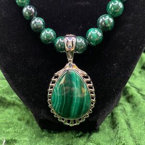 Malachite Beaded Necklace with Sterling Silver TesrdropPendant.